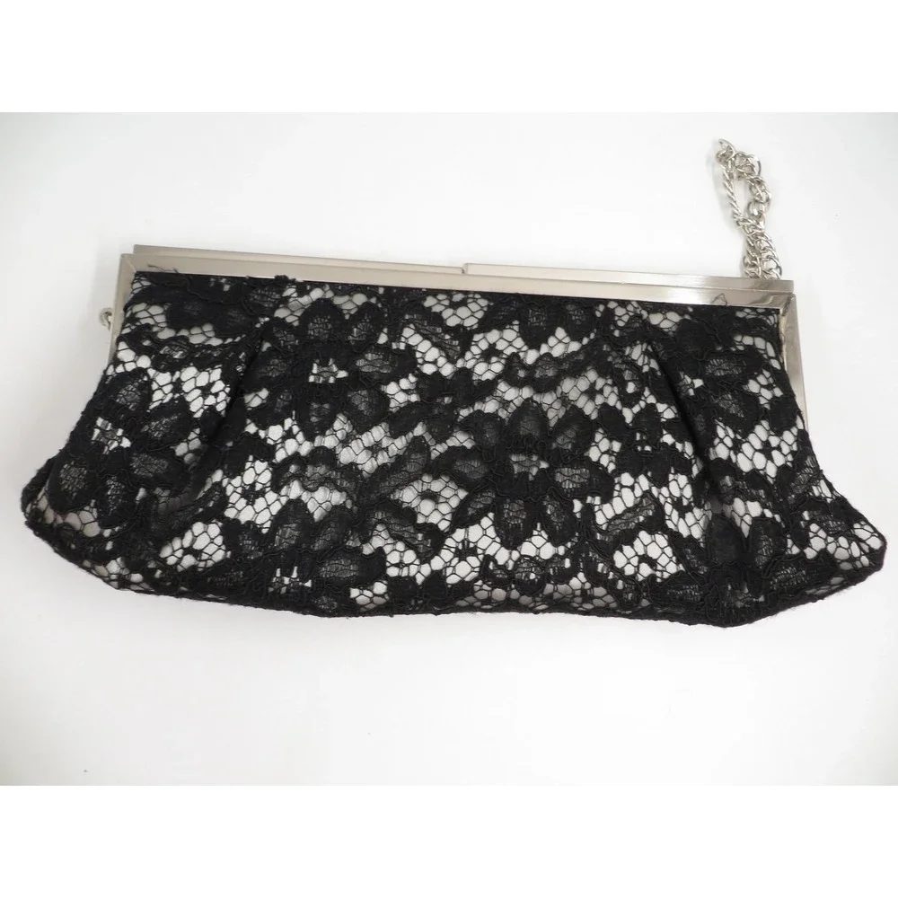 White House Black Market Clutch Womens Black Lace Evening Bag Silver Chain Purse - Picture 2 of 6